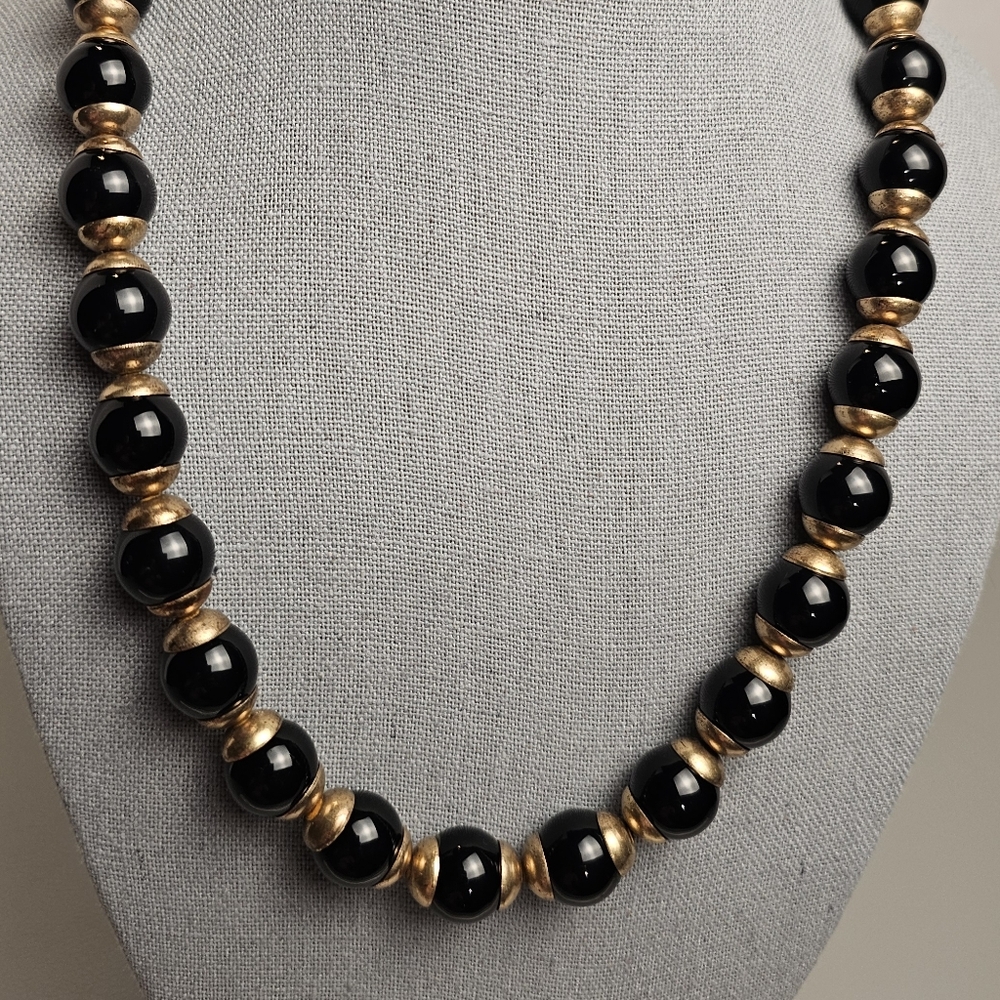 [J. CREW] Black & Gold ○● Beaded Statement Necklace with Cloth Tie - Picture 2 of 15